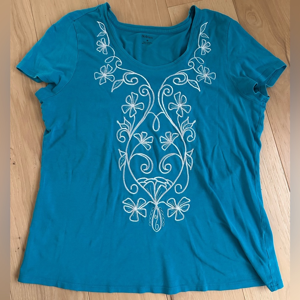 Style & Co. Blue Embellished Short Sleeve Tee